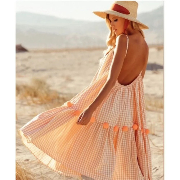 SUNDRESS BRAND Gingham Clea Swing Dress Women’s Size XS/S Peach Pompom Midi - Picture 2 of 5